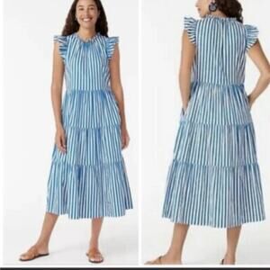J. CREW Blue Tiered Dobby MIDI Dress Striped XS Beach Cruise Resort Costal